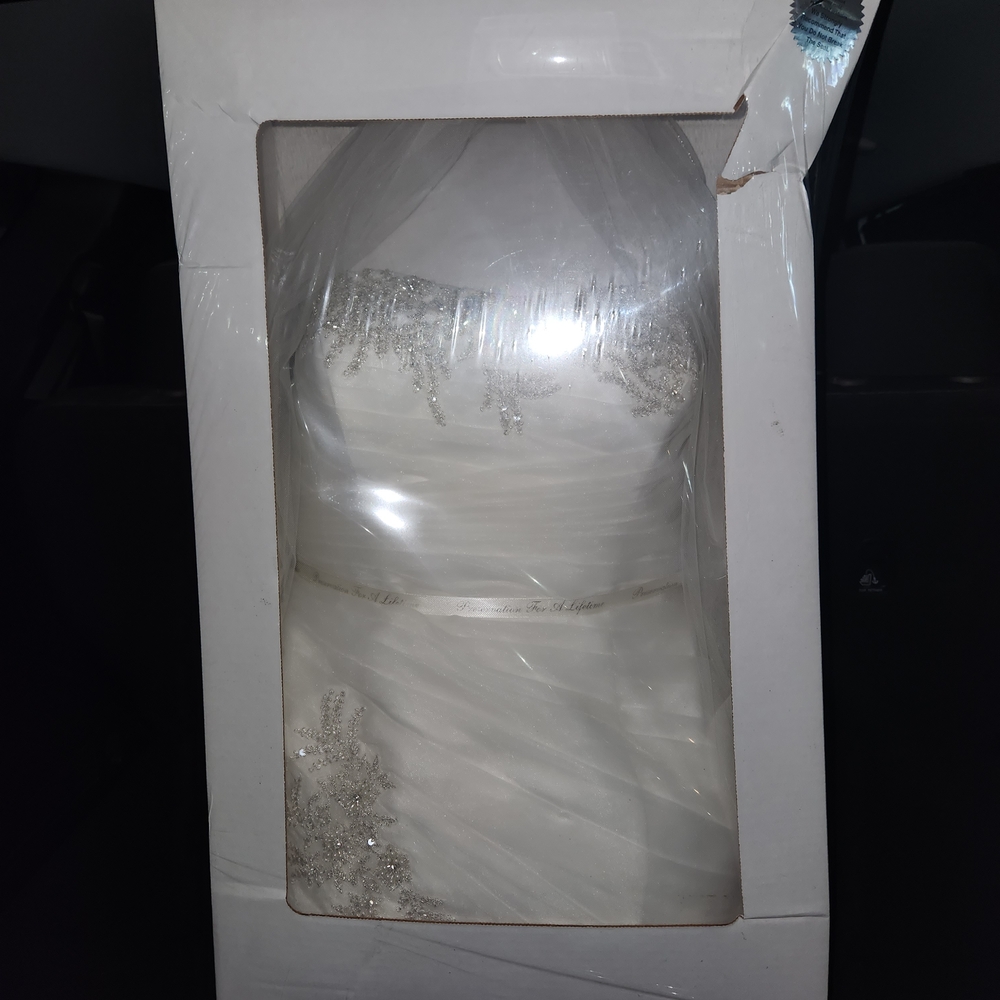 David's Bridal White Strapless Beaded Wedding Dress and Veil